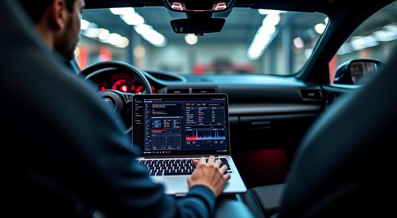 Técnico da Zenith Tuners a ajustar parâmetros de motor num computador portátil ligado a um carro desportivo