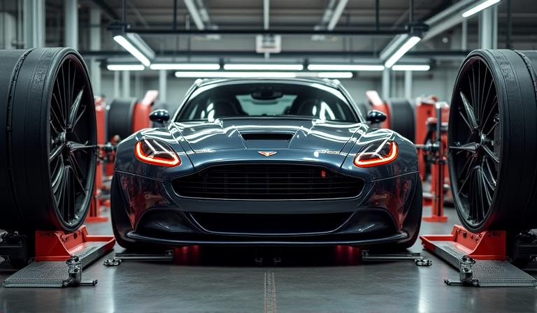 Carro em cima de banco de potência dyno com ventiladores industriais à frente