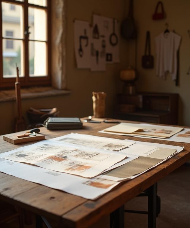 L'interno dello studio di Aura Creativa, con schizzi di design e materiali artistici su un tavolo di legno.